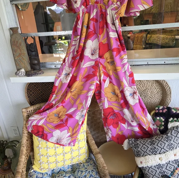 Easel Small Pink Jumpsuit Vibrant Tropical Wide Leg Palazzo Style Vacation - Picture 5 of 11